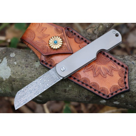 Damascus Steel Portable No Lock Small Pocket Folding Fruit Knife With Leather Pouch UD407691